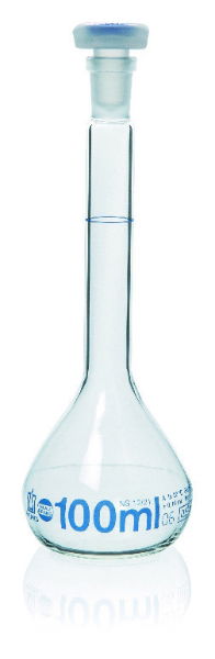 Volumetric Flask, 100ml, BLAUBRAND® Class A, DE-M marking, Boro 3.3, NS 14/23, PP-stopper, 1 * 2 Items