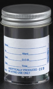 Container 60ml, printed label, metal flow seal cap, PS/ME, AS, 1 * 300 items