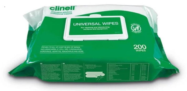 Clinell Wipe Disinfectant, Moist 220 x 280mm, Clinell Universal Sanitising Flow Wrap, 200 Wipes, 1 * 6 Packs